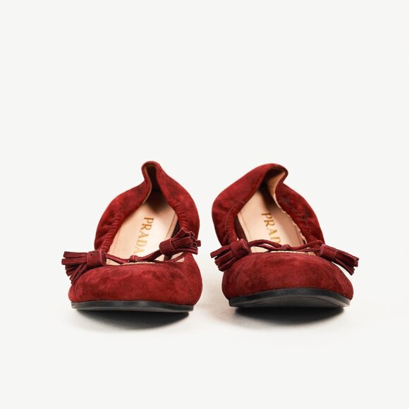 Prada Burgundy Suede Tassel-Bow Scrunch Ballet Flat - Picture 3 of 10